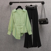 2022 fall new casual shirts pants two piece sets womens long sleeve tops black high waist trousers suit korean elegant suits