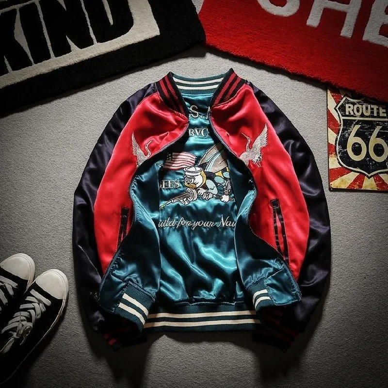 Embroidered Baseball Uniform Men's Bomber Jacket Satin Coat Reversible Top Streetwear Brand Spring Autumn School Uniform Y2K New