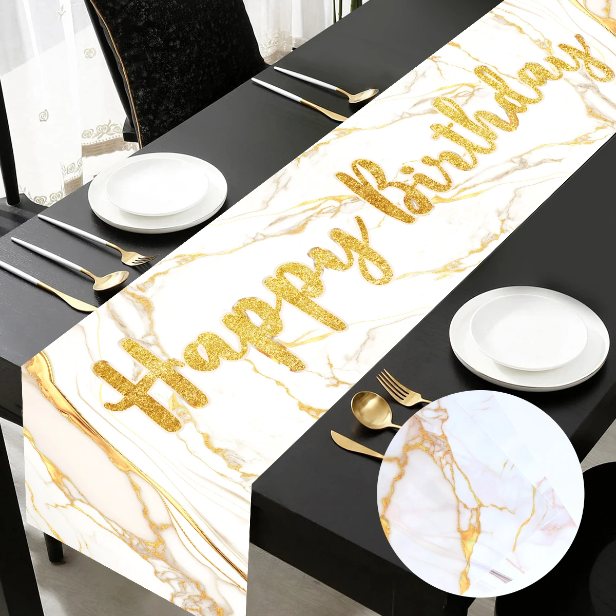 Настольная дорожка черного и золотого цвета с мраморным рисунком 30/40/50 дюймов