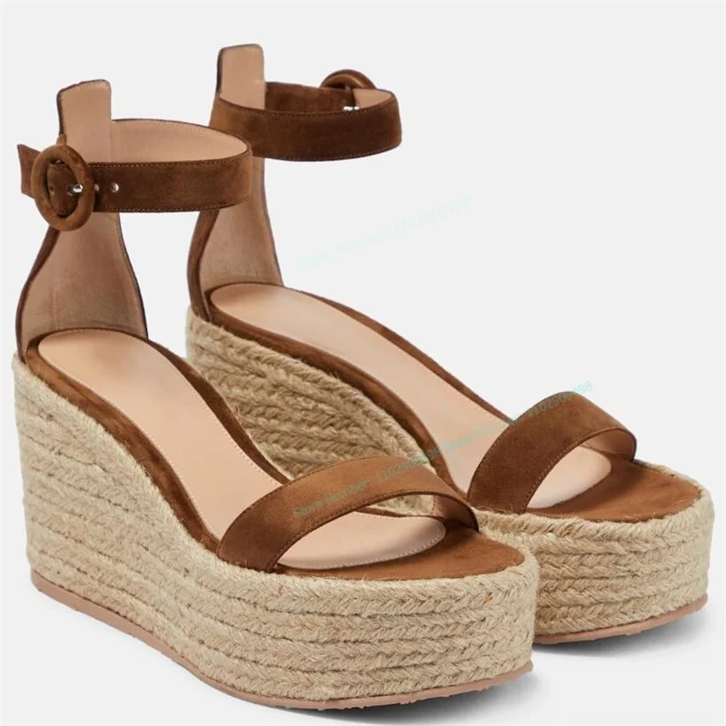 

Brown Suede Espadrille Platform Sandals Woven Peep Toe Shoes for Women Wedges High Heels Summer Shoes 2023 Zapatos Para Mujere