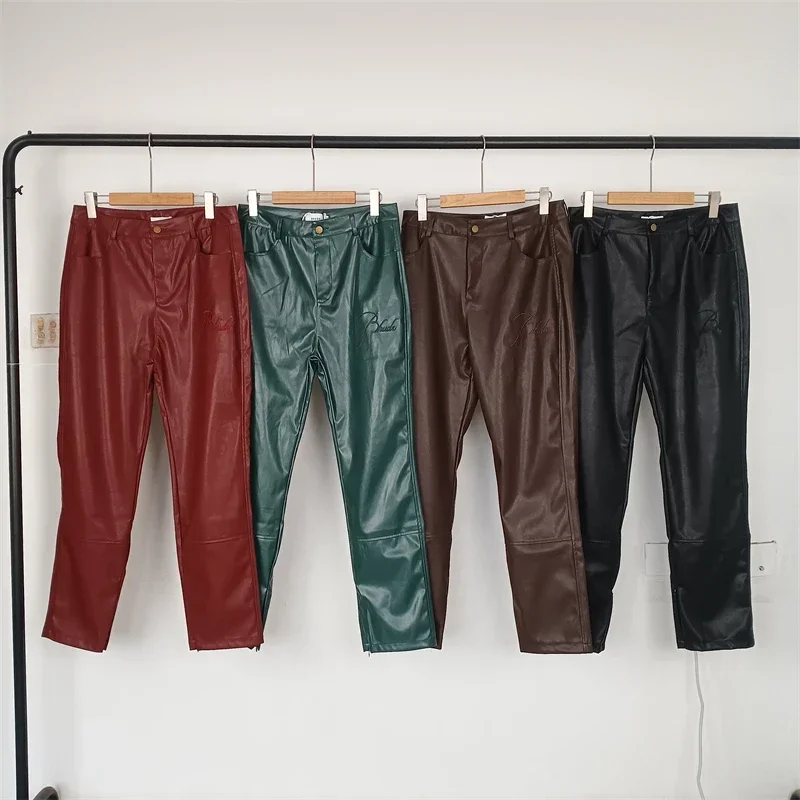 

New Leather Rhude Sweatpants Men Women Streetwear Jogger Zipper Pants Justin Bieber