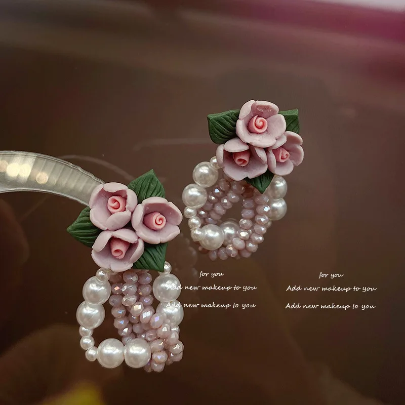 

Purple Earrings Rose Black Tea Earrings Small Crowd Design Advanced Pearl Flower Earrings Female Vintage Atmosphere Ear Jewelry