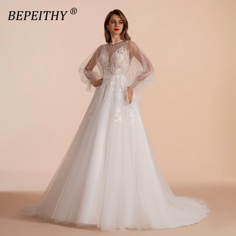 

BEPEITHY Boho Ivory Lace Wedding Dresses For Women 2023 Court Train A Line Bride White Bridal Party Gown With Jacket Fashion New