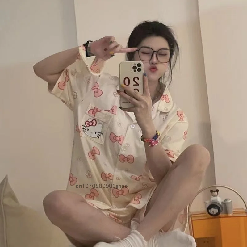 Summer New Hello Kitty Pajamas Women Short Sleeved Shirt And Shorts Kawaii Casual Matching Female Fashion Tracksuit Korean Style