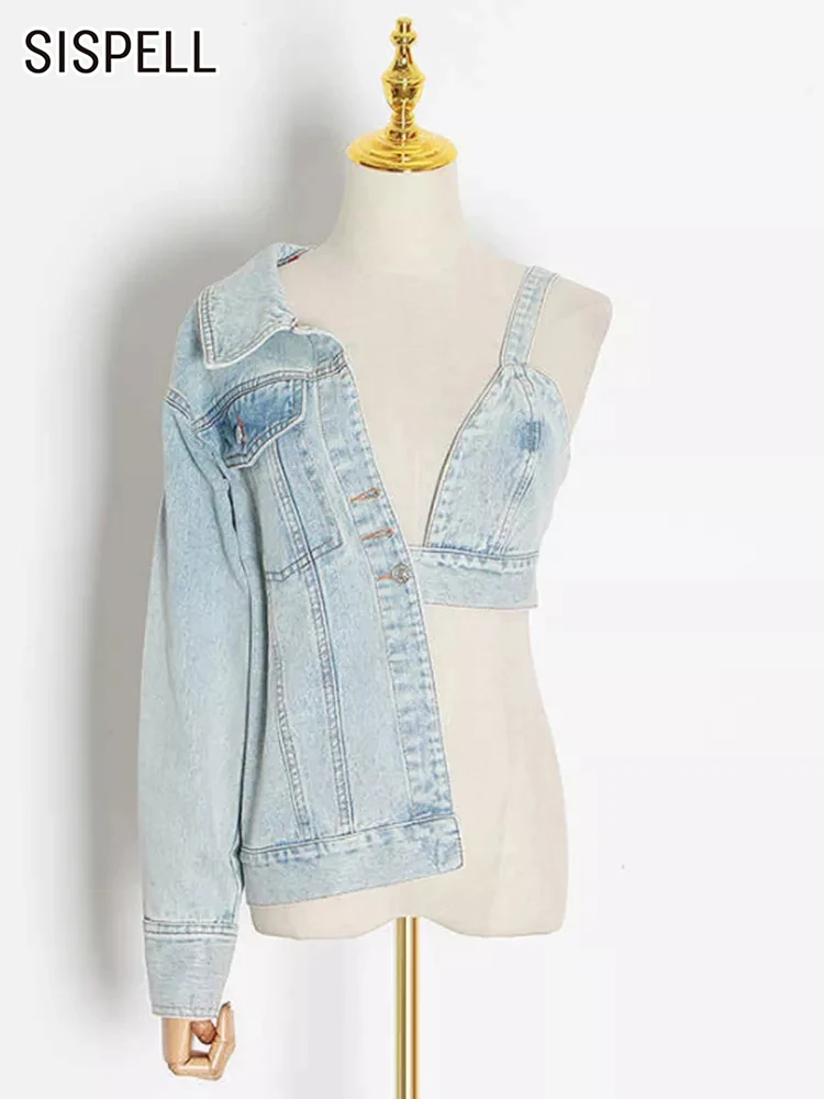 

SISPELL Denim Solid Jackets For Women Lapel Long Sleeve Off One Shoulder Backless Patchwork Asymmetrical Summer Jacket Female
