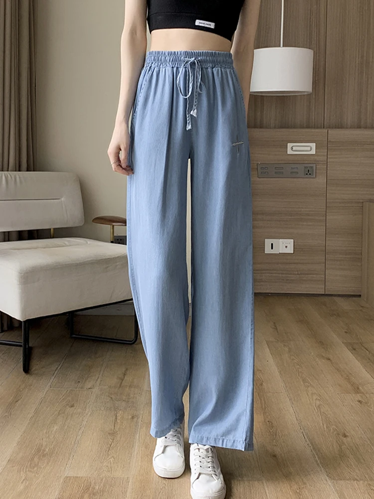 

Casual jeans 2022 summer embroidered ice silk denim wide leg pants high waist loose straight trousers fashion women's clothing