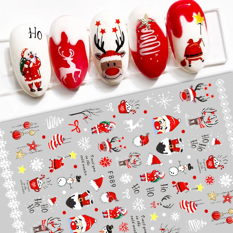 

Christmas Nail Stickers Penguin Santa Claus Elk Tree Deer Bear Cute Sliders White Snowflakes Decals New Year Polish Decal NLF889