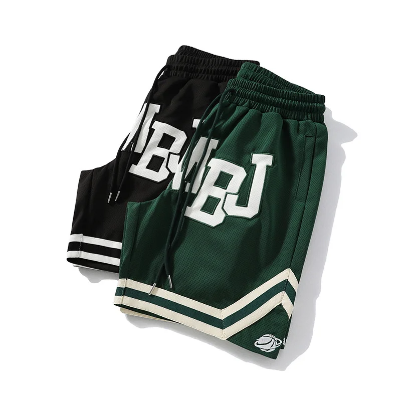 Mesh patch embroidered shorts for men's 2023 new American loose fitting summer high street couple quarter pants