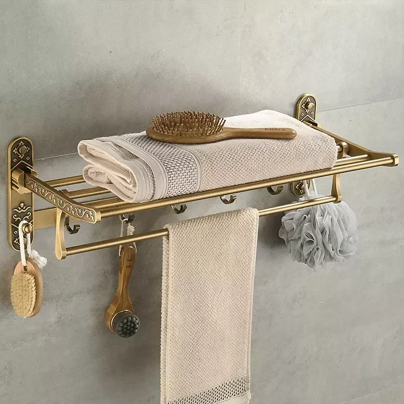 

Nail Free Foldable Antique Brass Bath Towel Rack Active Bathroom Towel Holder Double Towel Shelf With Hooks Bathroom Accessories