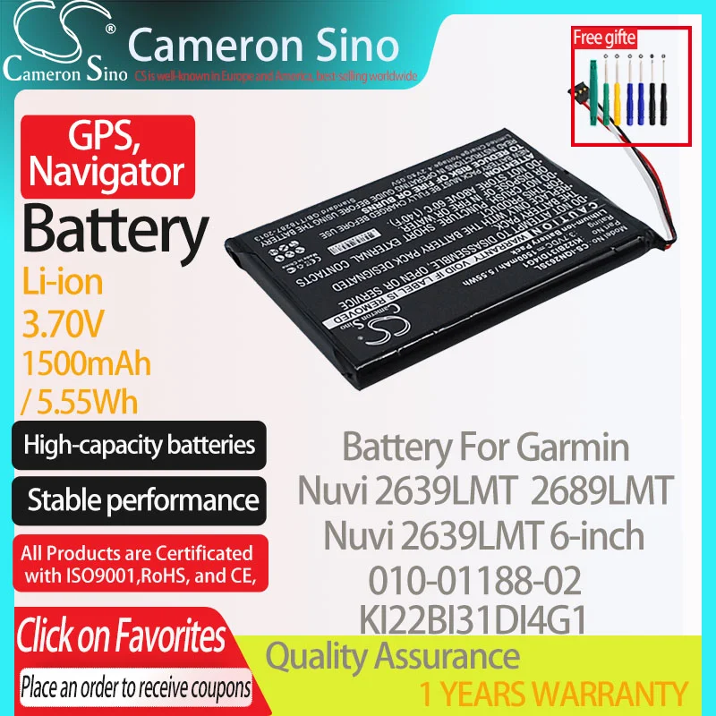

CameronSino Battery for Garmin Nuvi 2639LMT 2689LMT 6-inch 010-01188-02 fits Garmin KI22BI31DI4G1 GPS, Navigator battery 1500mAh