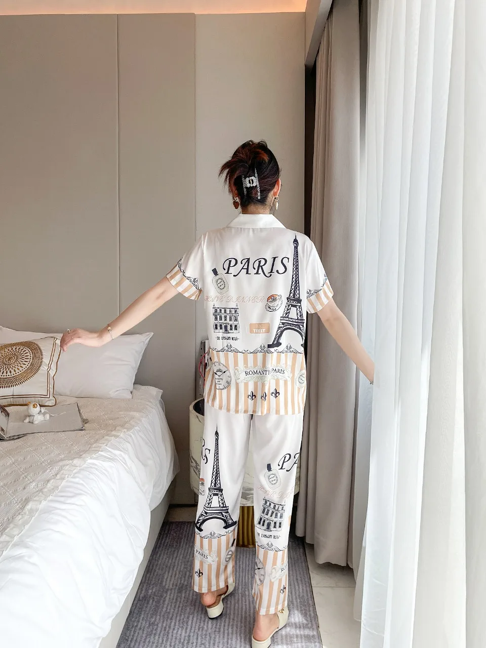 [Women's pajamas] [high-quality]Summer New Cartoon Pajamas Women's INS Ice Home Fur Short Sleeve Long Pants Set Net Red Style