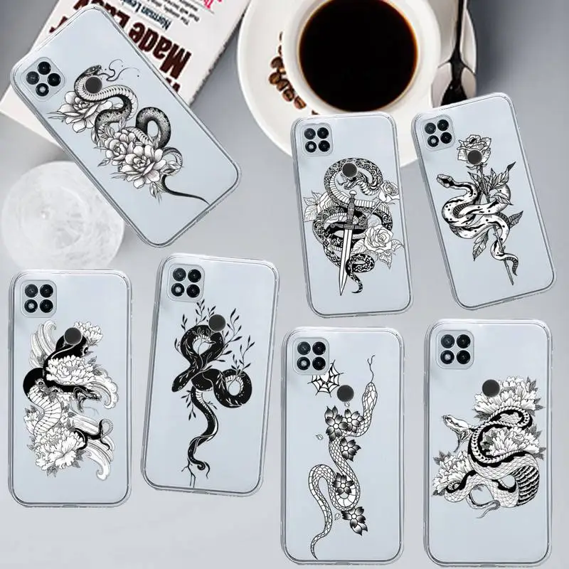 

black Flower Snake design art Phone Case Transparent For Xiaomi Redmi note 12 11 7 8 9 10 E s i T note ultra X3 pro 5G 4G