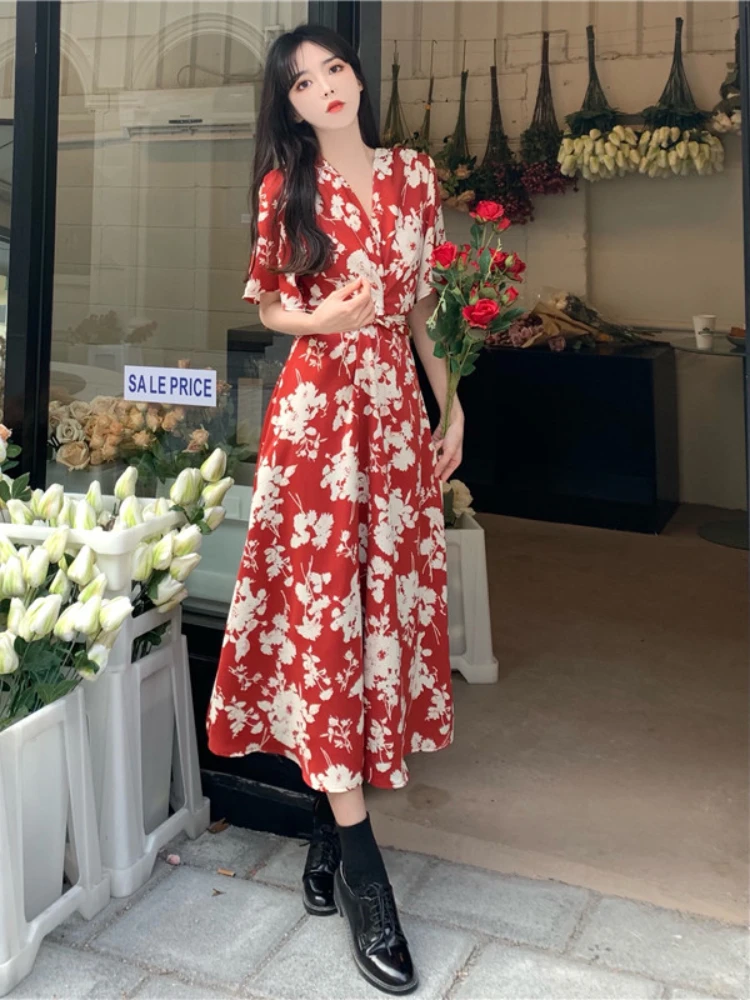 

Bohemia Women's Floral Printing Dress Summer High Waist Loose French V-Neck Short Sleeve Midi Vintage Female Clothing