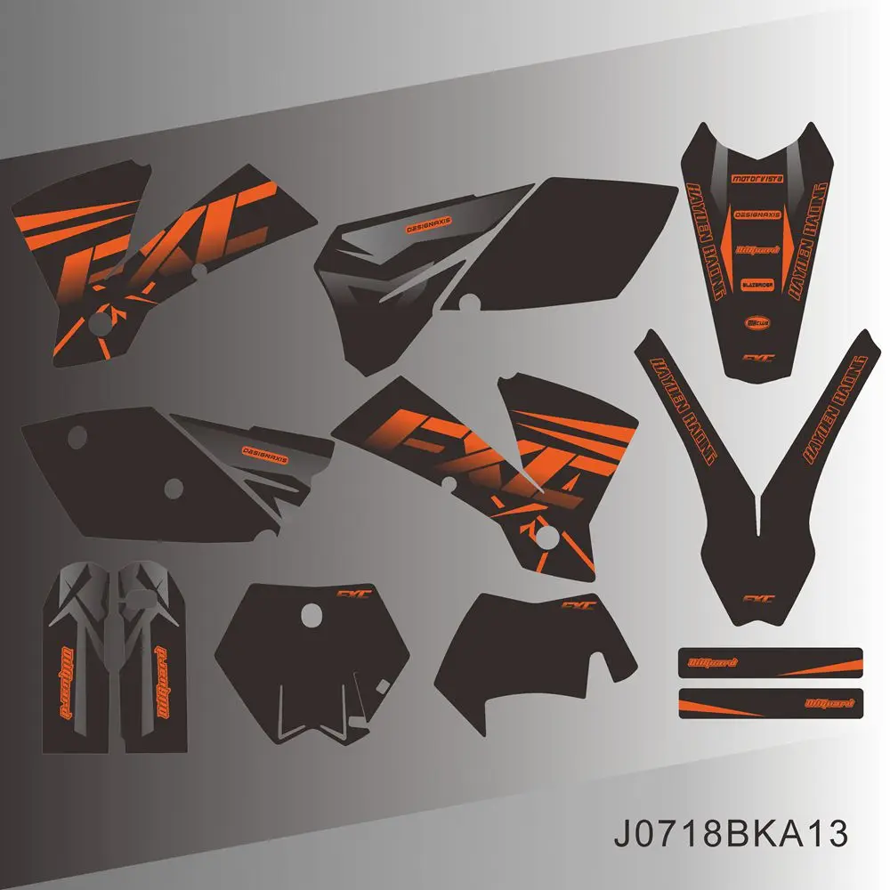 

Для KTM EXC EXCF 125 200 250 300 400 450 525 EXC EXC-F 2004, комплект наклеек с полной графикой, наклейки с индивидуальным номером и именем