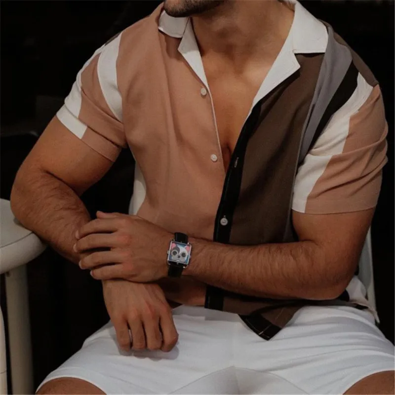 

Summer Men's Casual Lapel T-shirt Printed Shirt For Men Polo New Clothes Short Sleeved Striped Cuba Neck Single Breasted Button