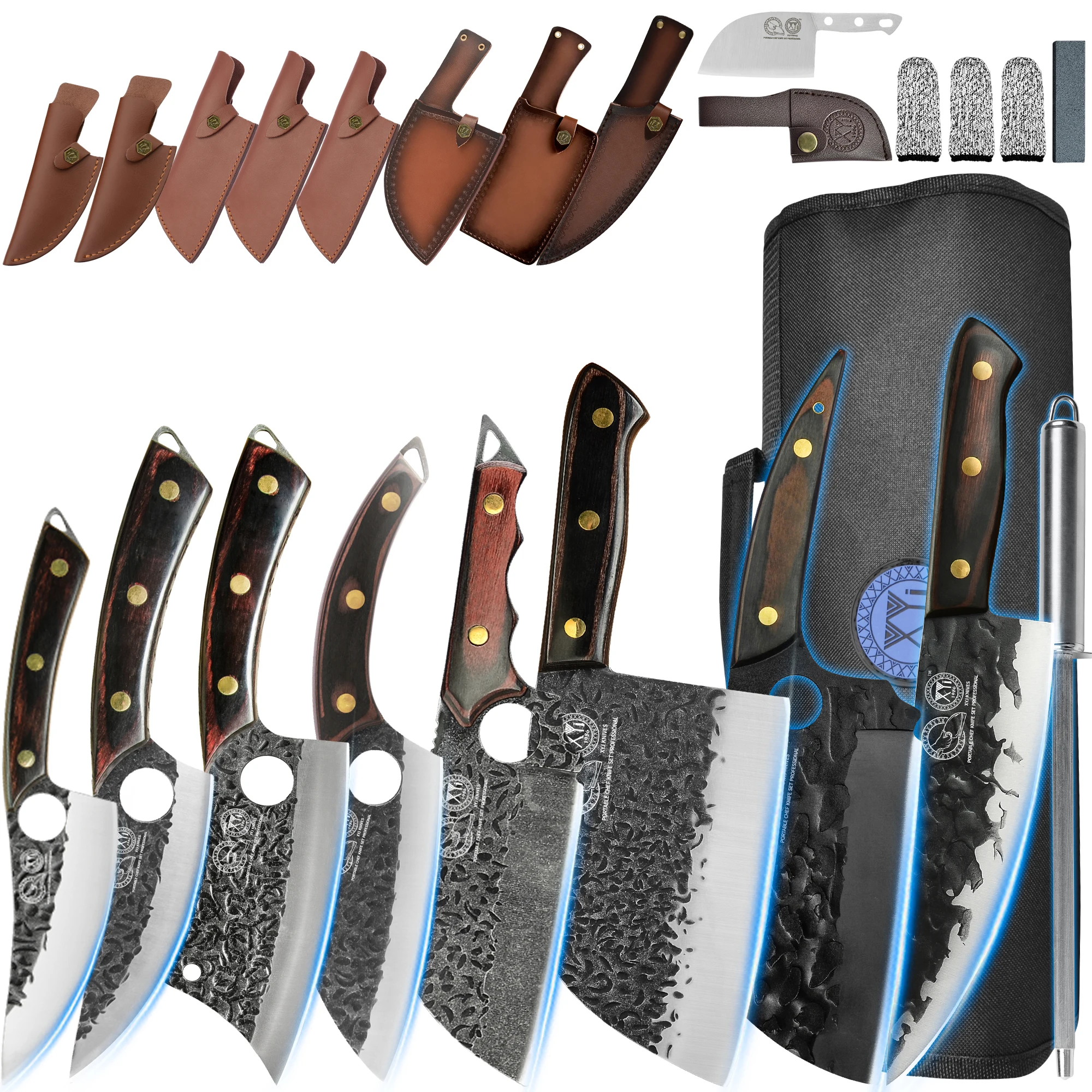 

Набор ножей для шеф-повара XYj из 8 предметов, ножи из нержавеющей стали с кожаным футляром и ремнем, с деревянной ручкой, с сумкой, для кемпинга