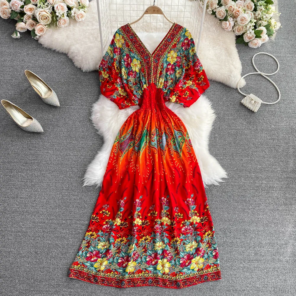 

Bohemian Style Print Beach Dress for Women Fashion V-neck Batwing Sleeve A-line Long Dresses Summer Female Big Swing Vestidos