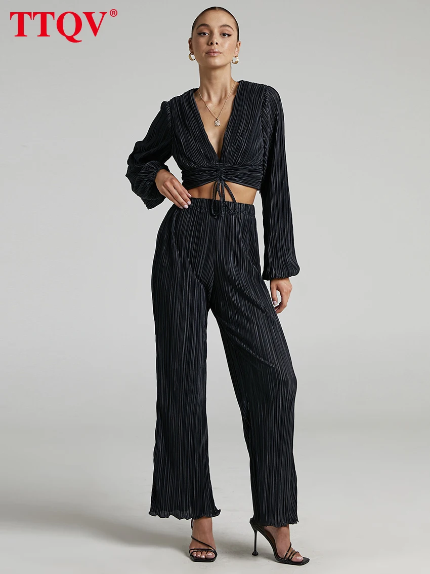 

TTQV Casual Black Pleated Two Piece Sets Womens Outifits Autumn V-neck Long Sleeve Crop Shirts And High Waisted Trousers Sets