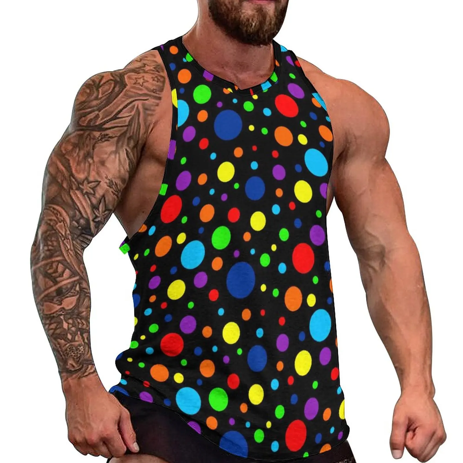 

Vintage 80S Polka Dots Tank Top Dark Rainbow Spots Vintage Tops Summer Bodybuilding Man's Pattern Sleeveless Vests 3XL 4XL 5XL