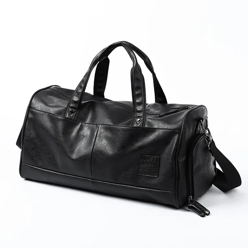 Male PU Leather Travel Bag Big Capacity Weekend Duffle Independent Shoes Storage Fitness Handbags Carry On Luggage Black Bag