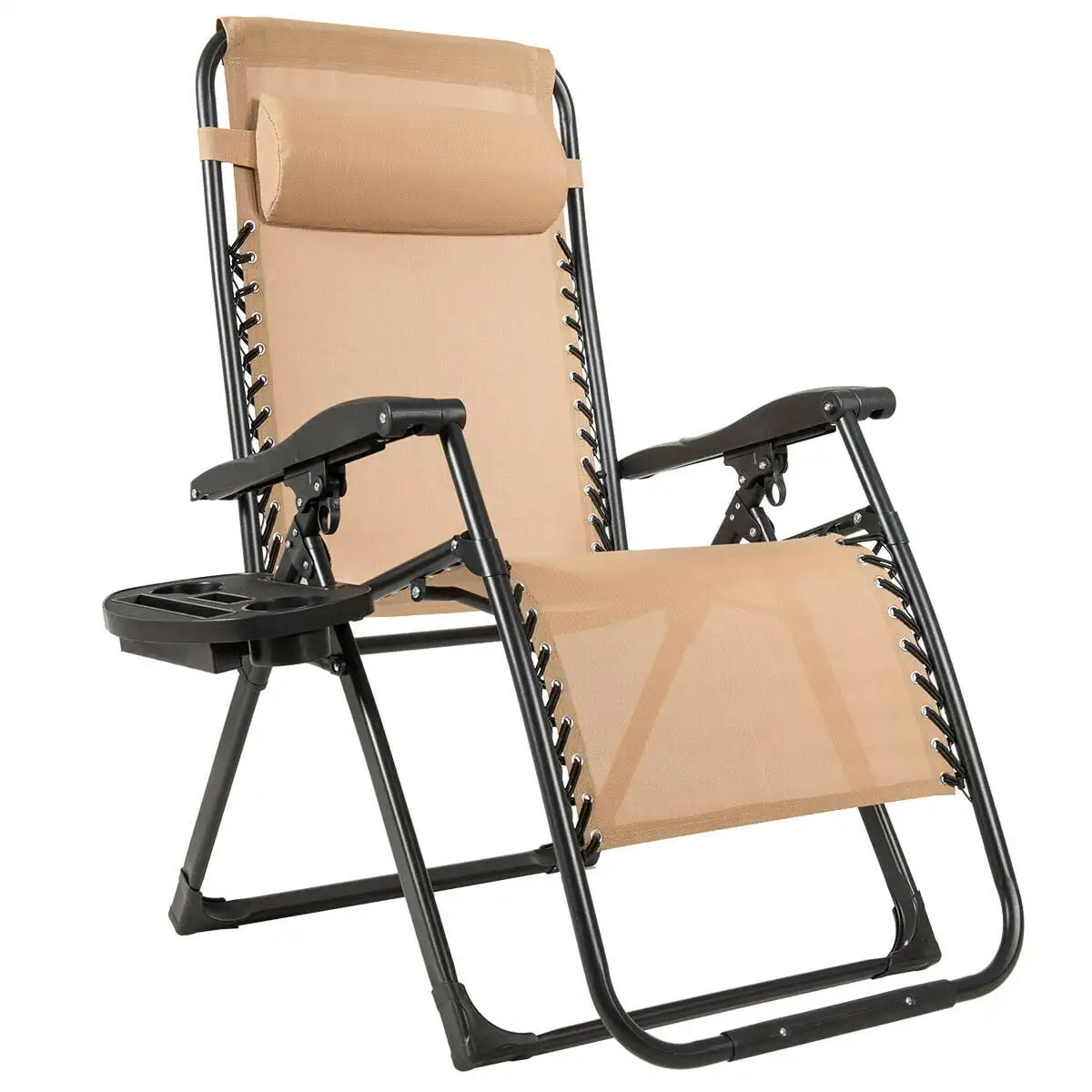 

Folding Recliner Zero Gravity Lounge Chair w/ Tray Pillow Cup Holder Beige