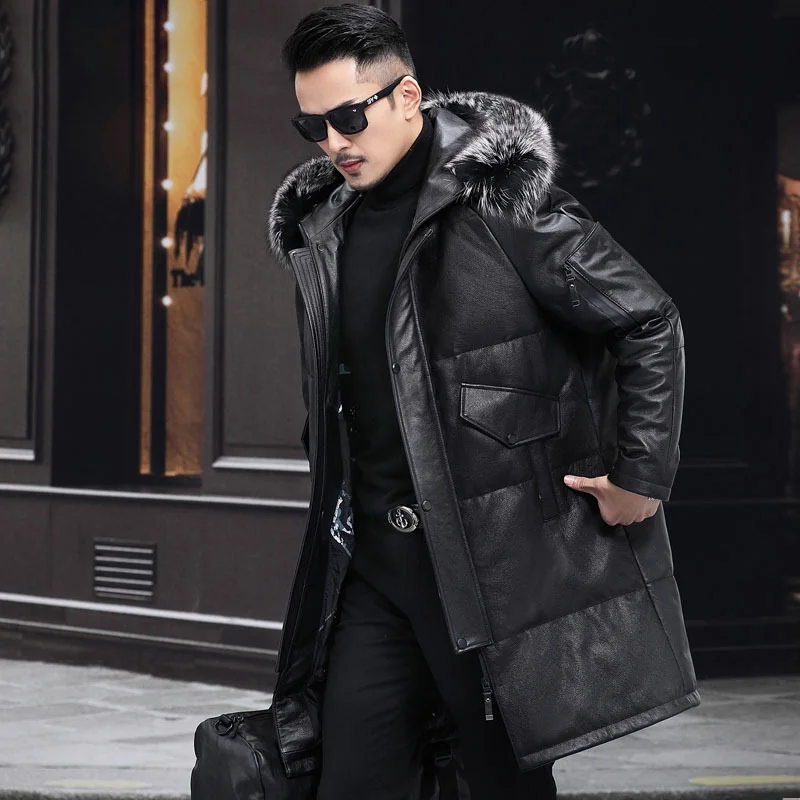 

100% genuine leather real Leather coat down jacket Men's first layer calf fox fur collar hooded middle long thick
