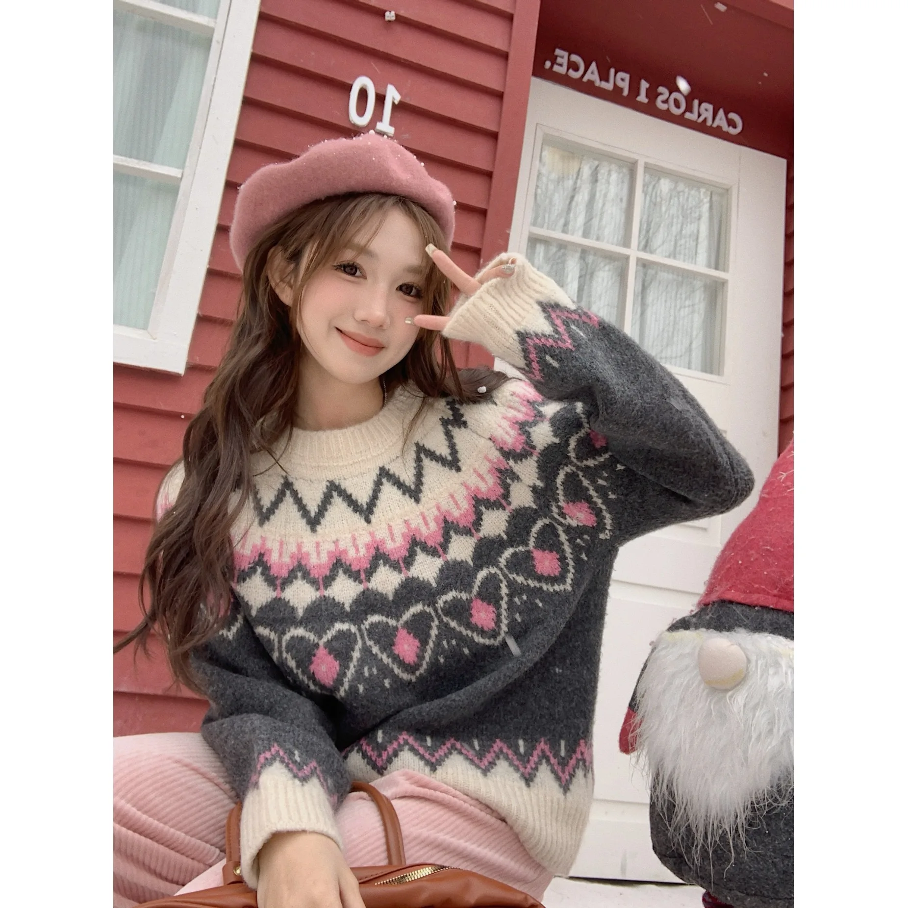 Корейская серия Sweet Young Girl Love Slim fit Вязаная осенне-зимняя женская одежда Ленивая