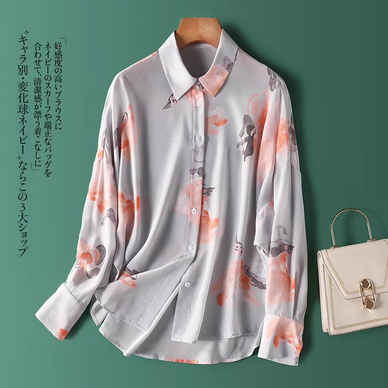 

Thin See Through Print Shirt Women 100% Natural Silk Batwing Sleeve Tops Women Luxurious High Quality 2022 Spring Summer Blouse