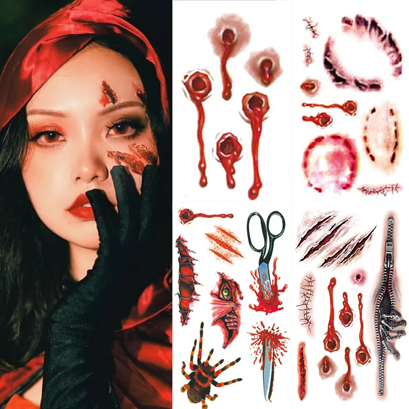 

Temporary Tattoo Stickers Halloween Horror Spider Bloody Scar Wound Stickers Waterproof Lasting Realistic Party DIY Body Makeup