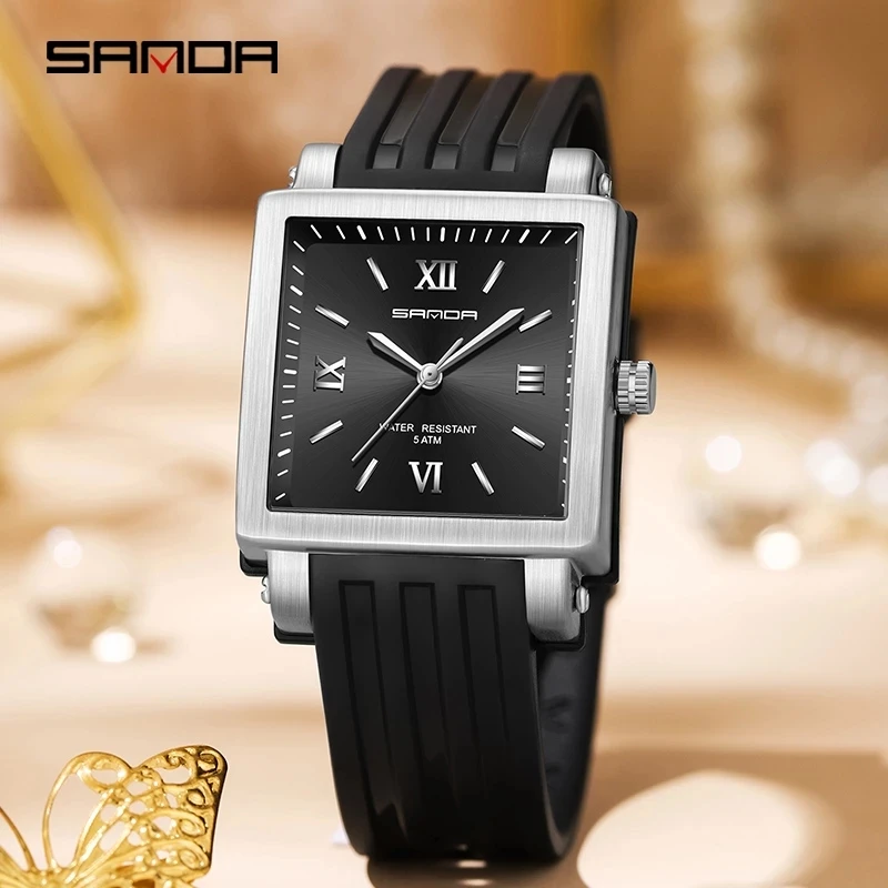 

Sanda Rectangular Wrist Watches for Women gold Case Ladies Watches 2023 Luxury Brand rubber strap Quartz Clock zegarek damski