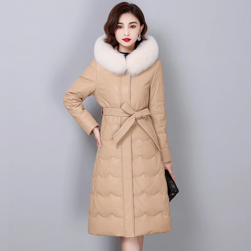 

New Women Leather Down Coat 2022 Autumn Winter Thick Warm Fox Fur Collar Butterfly Belt Slim Long Sheepskin Down Jacket
