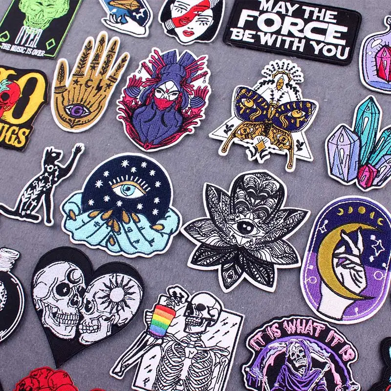 

Iron On Patch Hippie Punk Patches On Clothes Stripes Sticker DIY Skull Embroidered Patches For Clothing Badges On Backpack Decor