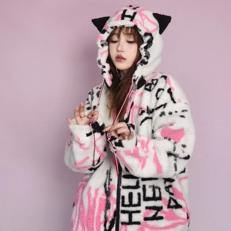 

2022 New Y2k Coat Women Harajuku Steampunk Graffiti Cat Ears Winter Warm Jacket E-girl Loose Lamb Velvet Hoodie 90s Aesthetic