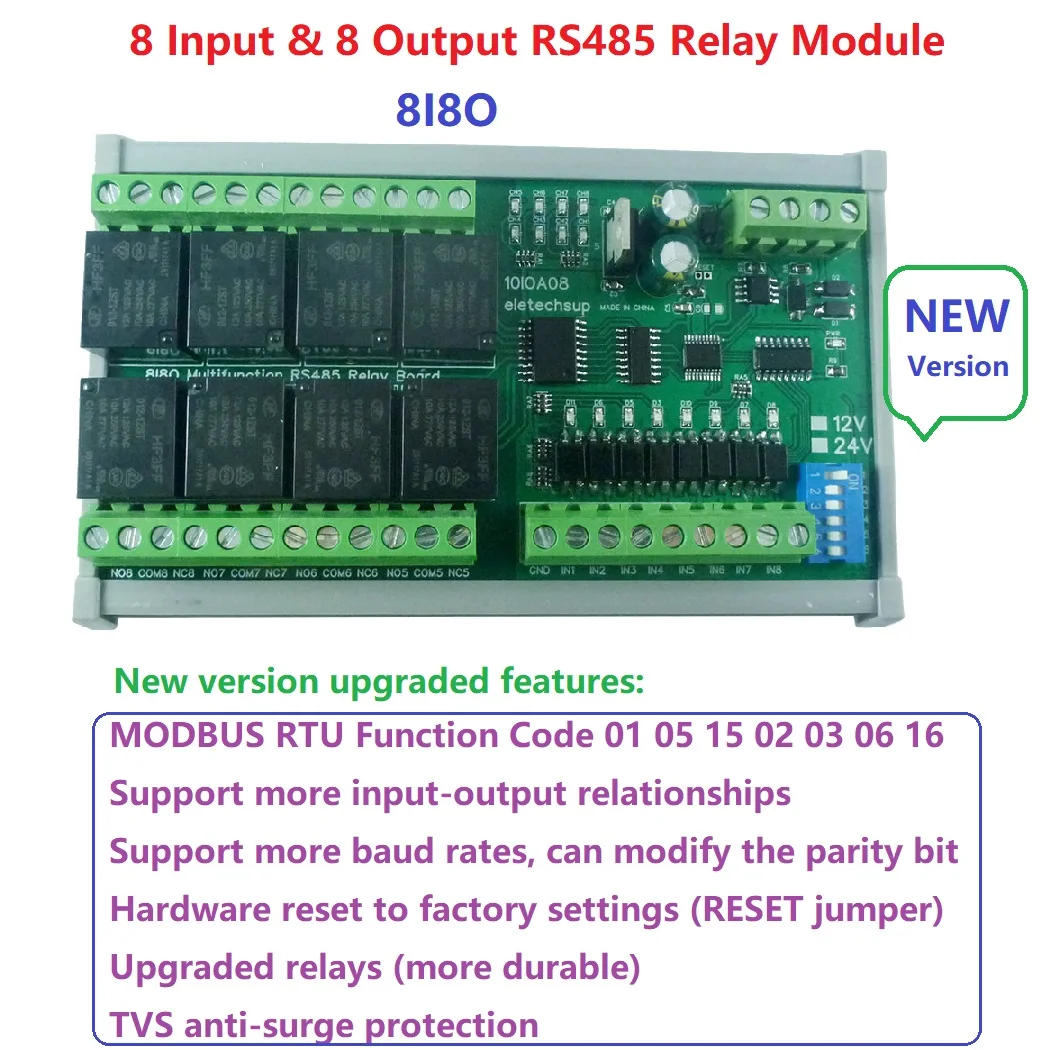 Релейный модуль RS485 Modbus RTU функциональный код 01 05 15 02 03 06 16 DC 12 В 24 8I8O Плата