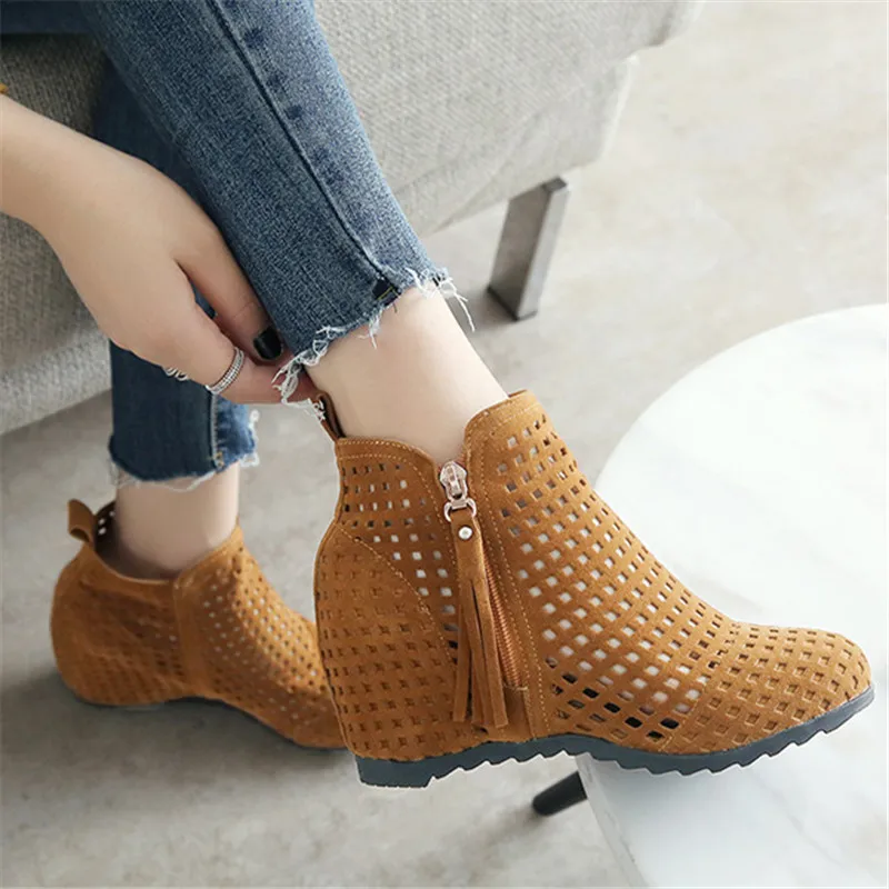 2023 New Women Summer Boots Flat Low Hidden Wedges Cutout Zip Bootas Ladies Dress Casual Shoes Hot Sale Size 34-43 Botas Mujer