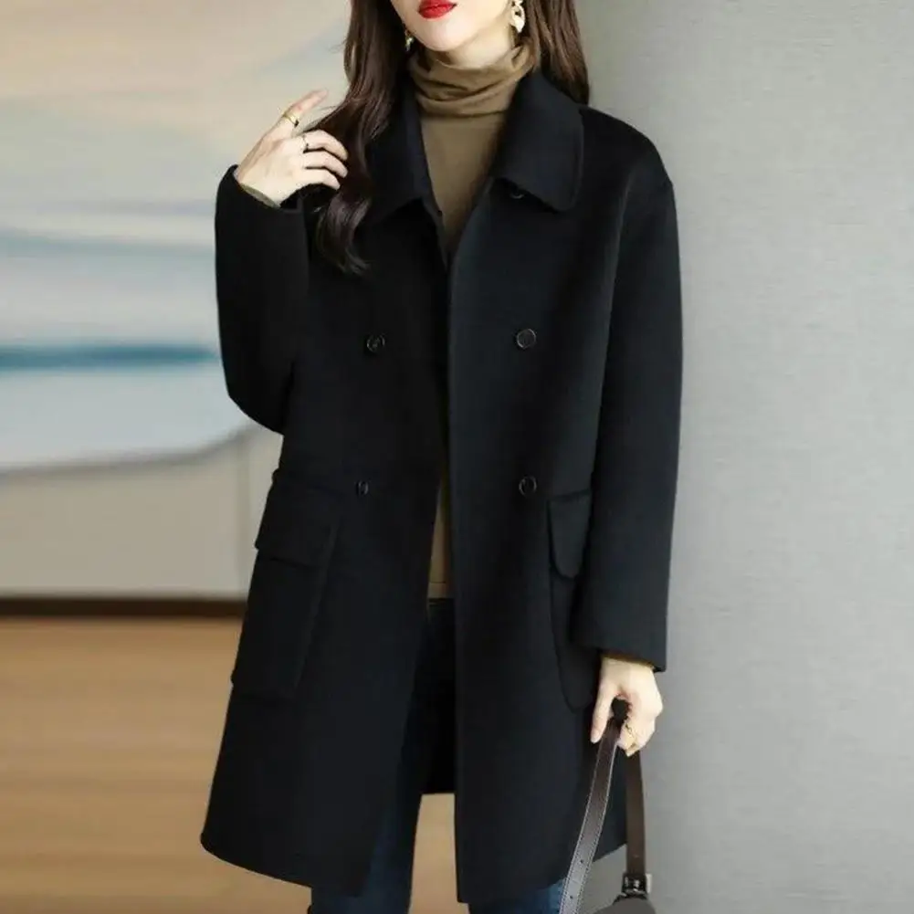 

Fashionable Double-Breasted Overcoat Women Winter Clothing Polyester Women Winter Coat Solid Color for Daily Wear