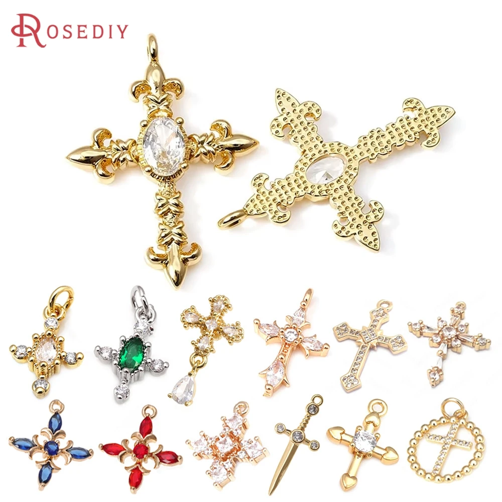 Фото Подвески-крестики из латуни с позолотой 18K и цирконами, высококачественные аксессуары для изготовления ожерелий, серег и ювелирных изделий своими руками №1