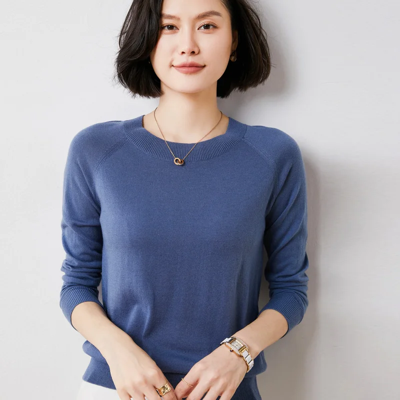 

2021 autumn new pure wool knitted O-neck loose solid color short long-sleeved pullover all-match female bottoming shirt