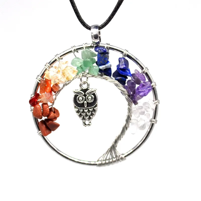 

Healing Natural Rock Gravel Colorful Chakra Crystal Tree Of Life Necklace Reiki Healthy Owl Pendant Fortune Tree Choker Women