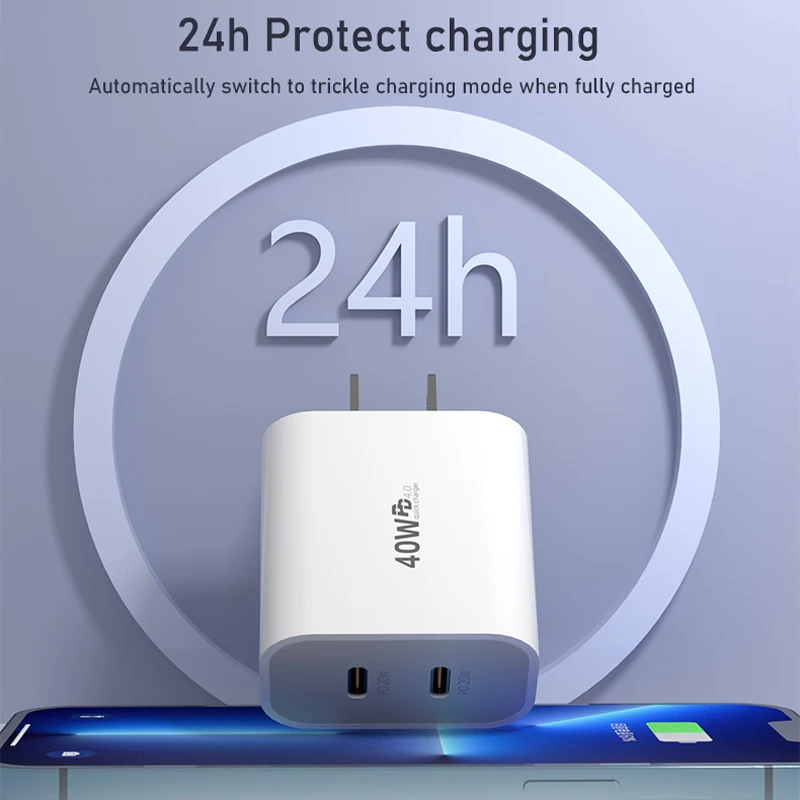Фото Двойное зарядное устройство USB Type C 40 Вт поддержка PD 20 Вт портативный адаптер для быстрой зарядки для iPhone 13 12 Pro Max Mini 8 Plus №3