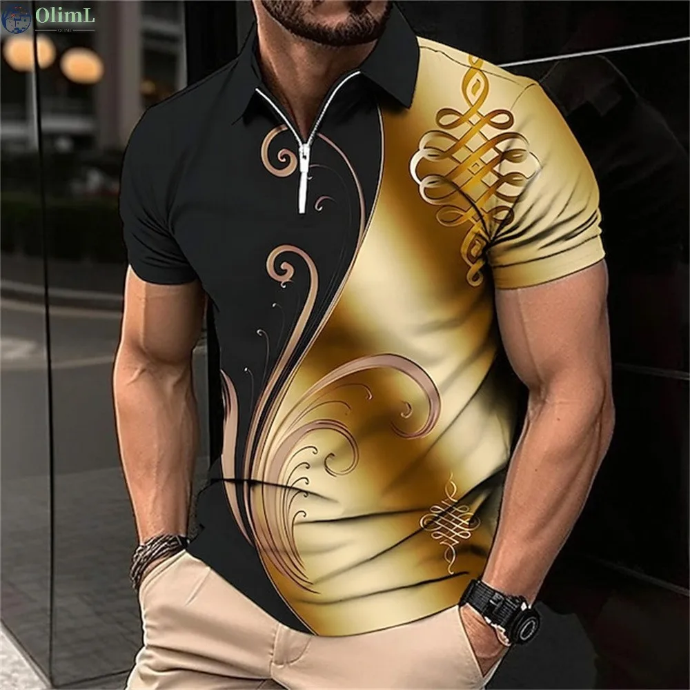 

Summer Dazzling Printed Men's T-shirts Zipper Shirt Loose Tops Fashion Harajuku Clothing High Street Short Sleeve Tops Oversize