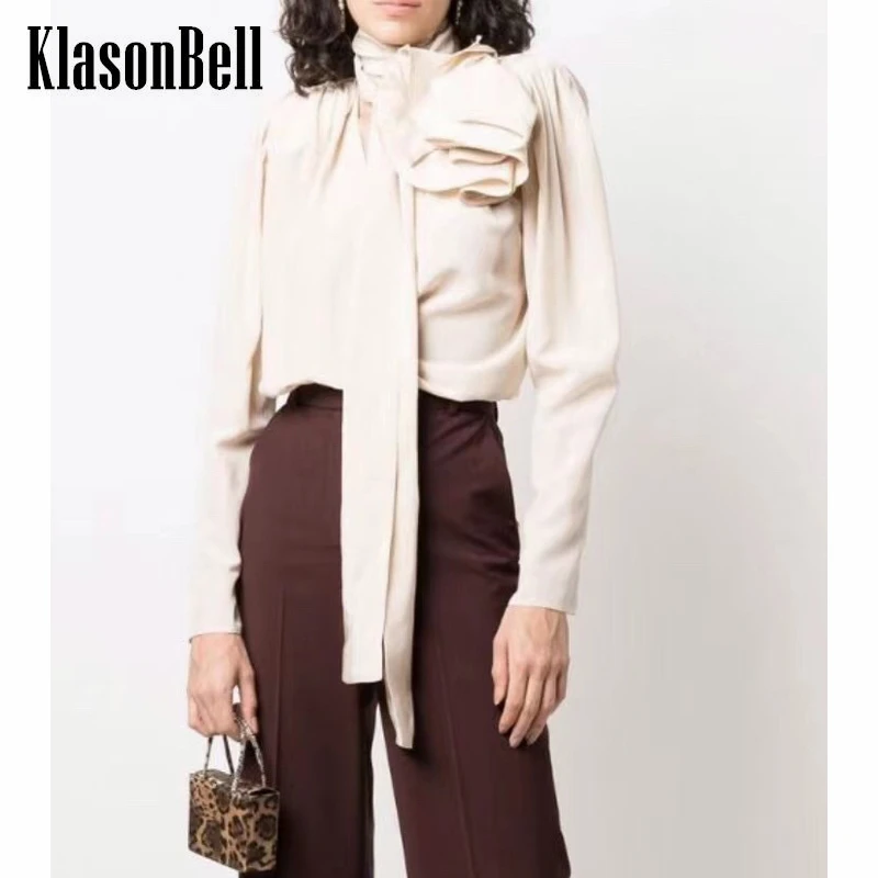 

5.17 KlasonBell Flower Decoration V-Neck Long Sleeve Silk Solid Color Shirt / Blouse Women