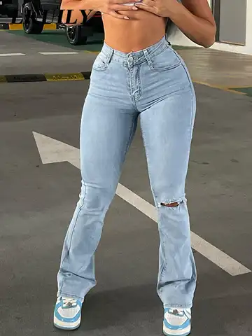 Flare Stretch Jeans High Waist Loose Comfortable Ripped Jeans Women Pants 2022 Sexy Fashion Boyfriend Denim Pencil Pant Trousers