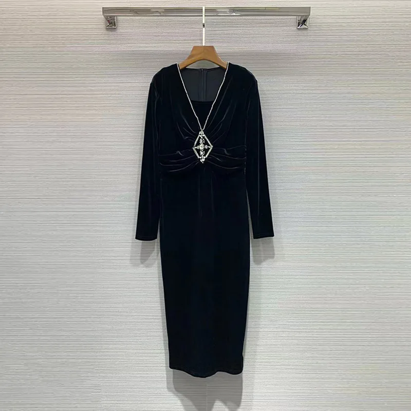 

High Quality New 2022 Autumn Winter Dress Women V-Neck Crystal Beading Deco Long Sleeve Mid-Calf Bodycon Pleated Dress Velour