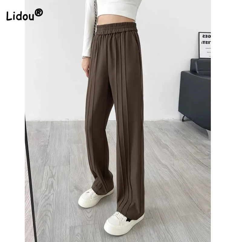

Spring Summer Women's Solid Color Straight Casual Folds Trousers Elastic High Waist Loose Full Length Pants Female Clothing