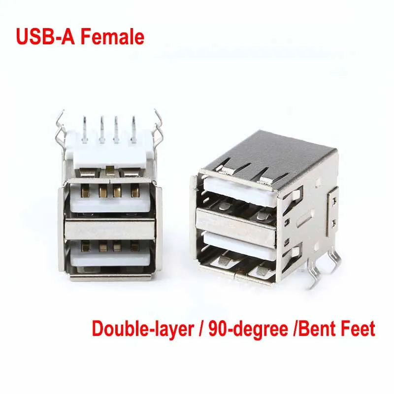 10pcs USB 2.0 Type A Female Double Layer 90 Degree Bent Foot Crimping DIP Welding Wire Interface Connector Socket DIY