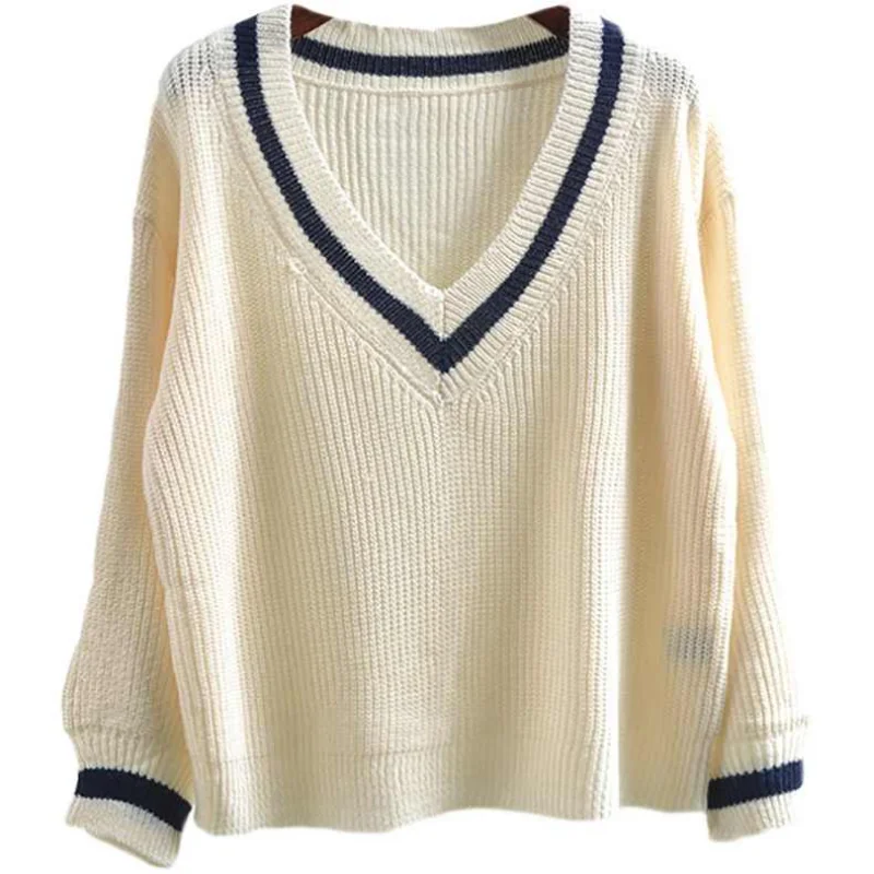 

2022 autumn new retro casual loose version contrast color V-neck sweater Korean version long-sleeved pullover women
