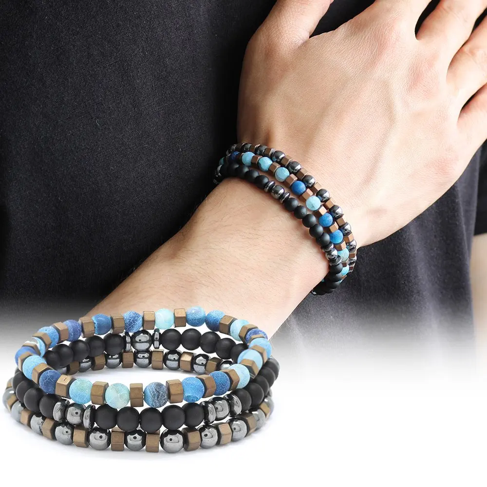 

Globe Cut Black Onyx-matte Agate-hematite Kombinli Natural Stone Bracelet