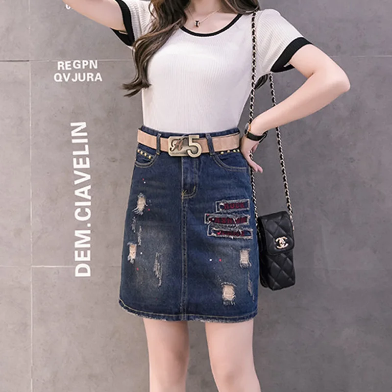 

Women High Waisted Korean Style Slim Plus Size New Jean Skirts Summer Hole Ripped Embroidery Short Denim Skirt Female Streetwear