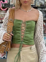 oeing 2022 satin bandage corset crop top women sexy off shoulder strapless party bustier tank tops summer green y2k clothes